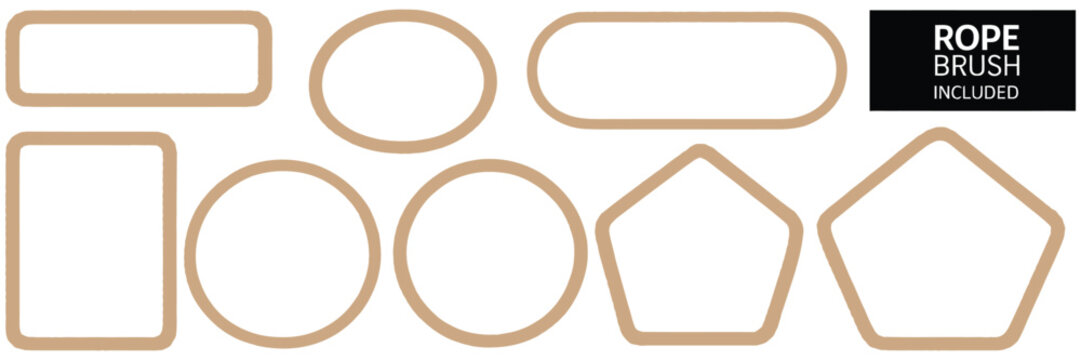 rope frames set of string borders made of brush, rectangular round oval square and hexagon shapes for decorative sea and nautical design, vector illustration isolated on white background.