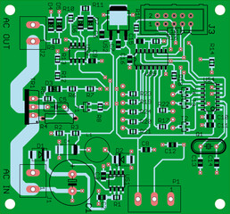 Vector printed circuit board of electronic 
device with components of radio elements, 
conductors and contact pads placed on pcb. 
Engineering technical drawing. Electric background.