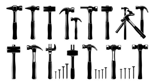 Collection of Various Hammers and Nails, Tools for Construction and Repair