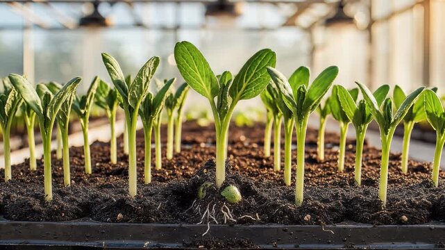 Young plants growing in greenhouse environment