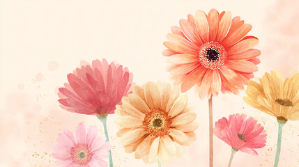 Fototapeta premium Elegant wedding invitation card background . Minimal hand painted watercolor Gerbera flowers texture template background. Design for wedding, vip cover, poster, p moderncard .Valentine's Day