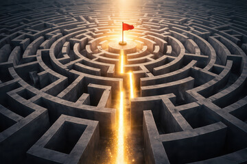 Labyrinth maze with glowing path leading to red flag in center, symbolizing success and achievement, illuminated by warm light creating hopeful and inspiring atmosphere