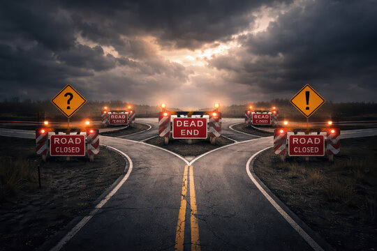 Road closed dead end warning sign question mark exclamation mark dark sky cloudy street traffic barrier caution light asphalt cracked road rural empty road night danger uncertainty intersection no