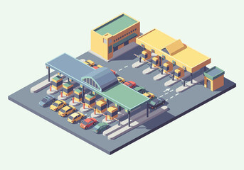Fototapeta premium Isometric view of a busy toll booth plaza with cars queuing in traffic lanes