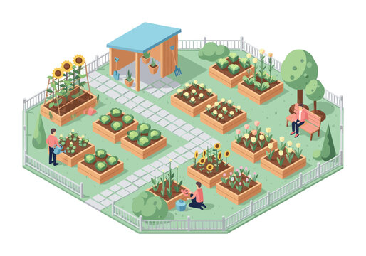 Isometric community garden with raised beds, shed, and people tending to plants