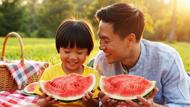 Asian father and son share joyful moments holding watermelon slices during a picnic in a sunny park with a picnic basket nearby