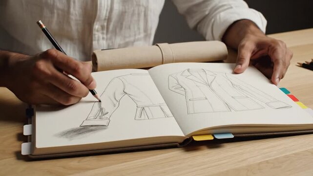 Male designer sketches clothing designs in a notebook, showcasing detailed illustrations of garments on a wooden table