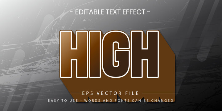High 3D Editable Text Effect with Brown Long Shadow. Modern 3D text effect "HIGH" featuring a brown gradient and stylized long shadow on a dark textured background.