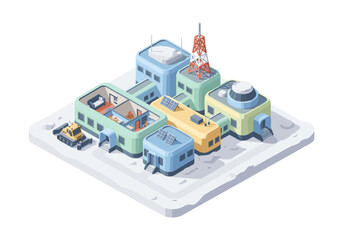 Obraz premium Isometric view of a futuristic research station with solar panels and a communication tower