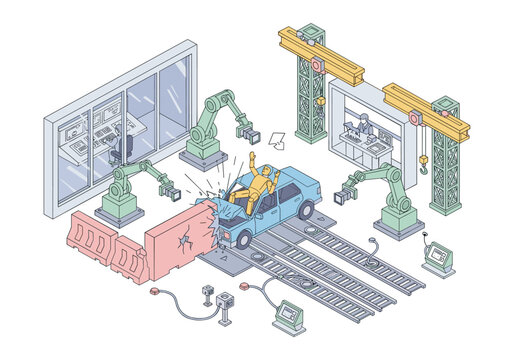 Automated car crash test with robotic arms and dummy in a modern laboratory