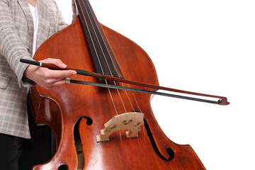 Girl playing double bass on white background, closeup