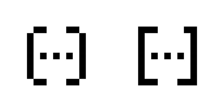 Pixel square brackets icons with ellipsis, 8-bit code syntax symbols, retro blocky programming placeholder icons