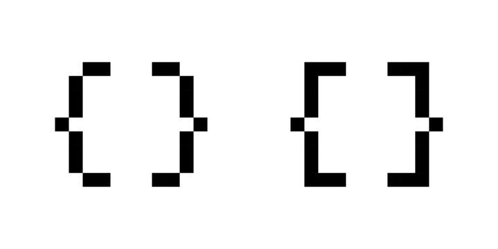 Pixel curly braces icons set, 8-bit programming code brackets symbols, retro blocky developer syntax icons