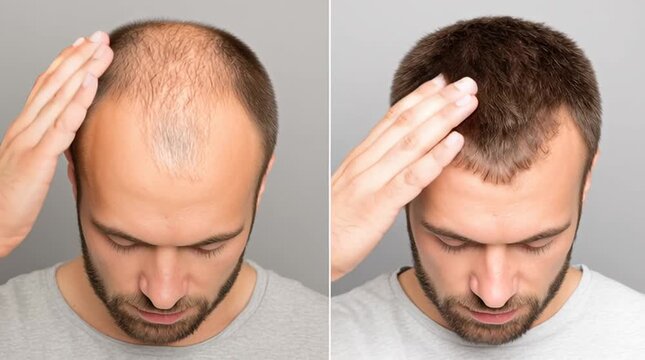 Hair Restoration Transformation: A comparative image reveals a man's journey to hair restoration, showcasing the transformation of his scalp through treatment or procedure.