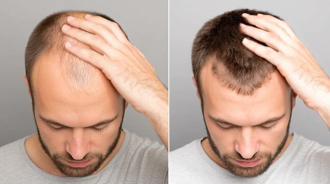 Hair Transformation: A before-and-after shot showcases a man's journey, from early signs of hair loss to noticeable hair regrowth.