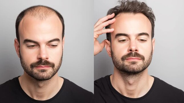 Hair Restoration Transformation: A split image reveals a man's journey, showcasing the contrast before and after hair restoration, focusing on the remarkable transformation.