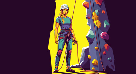 Obraz premium Young woman preparing to climb a rock wall in indoor gym setting 