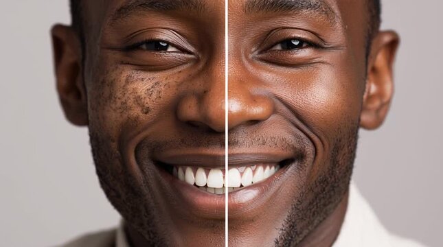 Skin Transformation: A split portrait showcasing a man's face before and after skin treatment, highlighting the power of skincare and rejuvenation.