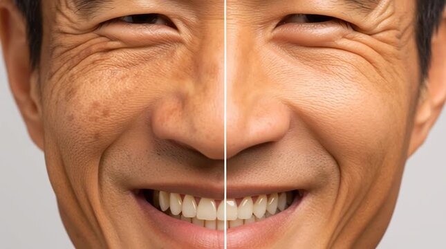 Half Face Portrait: A close-up portrait showcases a man's face split in half, highlighting the effects of age and skin care and showcasing the contrast and transformation. 