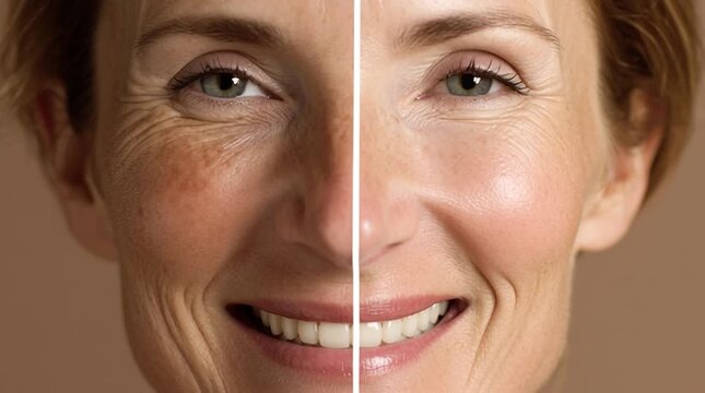 Transformative Beauty: A striking split-face portrait showcases the profound impact of skin rejuvenation, revealing a refreshed and revitalized complexion. 