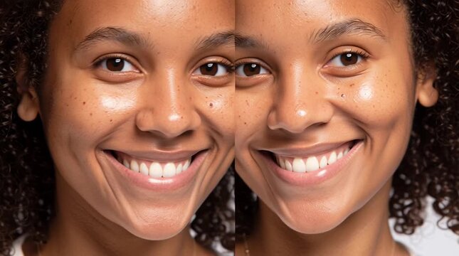 Unveiling Radiance: A side-by-side comparison showcasing the remarkable before-and-after transformation of a woman's radiant face