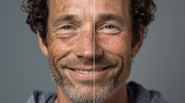 Aging gracefully: A detailed comparison reveals the effects of time on the face, showing a journey of natural transformation and the unique story told by each line and contour.