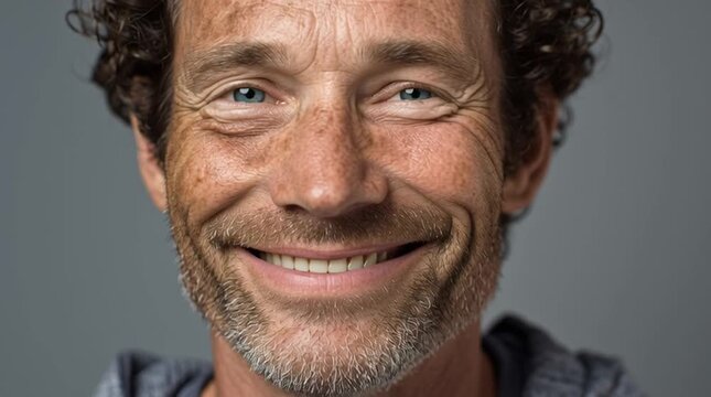 Smiling Portrait: A portrait of a man, eyes crinkling with warmth as a genuine smile stretches across his face, radiating positivity.