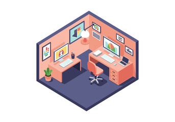 Fototapeta premium Modern isometric home office setup with two desks and computers, perfect for remote work