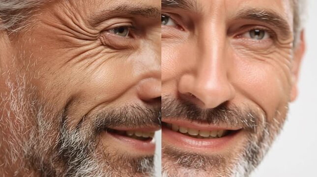 Age Transformation: A striking comparison, showcasing the visible effects of time. A man's visage, divided, reveals the transformation of age