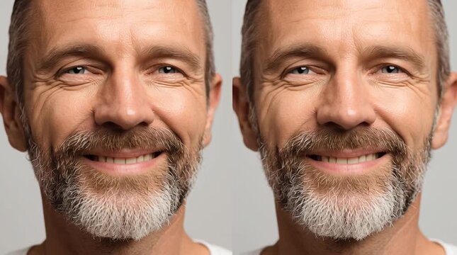 Smiling Male Face Expressions : A man's expression showcases two distinct faces of emotions, evoking feelings, showcasing a spectrum of moods and thoughts.