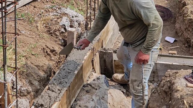 Close-up of a laborer leveling fresh cement in trench at a construction site
