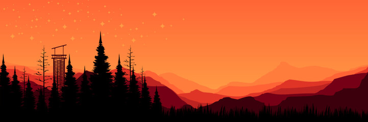 Wide screen twilight nature banner featuring coniferous forest and warm evening copy space © FahrizalNurMuhammad