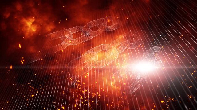Three digital chains on fiery glowing background with sparks and flames. Concept of broken business, crypto mining risk, blockchain instability and financial crisis. Seamless looping.