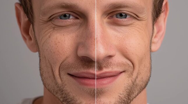 Half-Face Rejuvenation: A split-screen portrait reveals a compelling contrast, showcasing a man's face before and after a transformation. The left side exhibits natural skin.