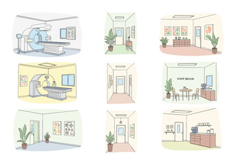 Fototapeta premium Collection of simple line drawings depicting various hospital rooms and corridors