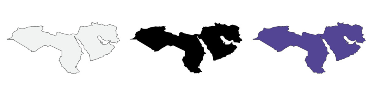 A set of vector maps of the MENA region with prefecture boundaries in three styles.
