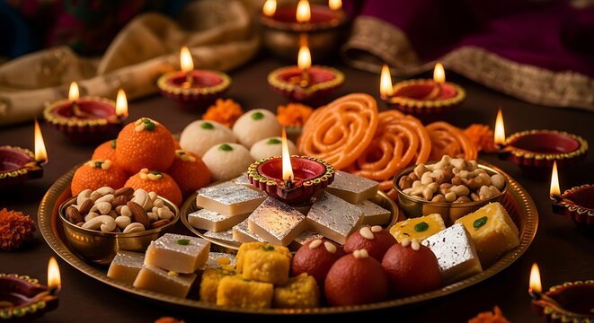 A plate of indian sweets and lit diyas on a table
