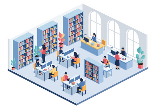 Isometric library interior with people studying and librarians assisting patrons at desks