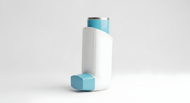 A blue and white inhaler standing upright against a plain background