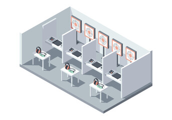 Fototapeta premium Isometric indoor shooting range with targets, headphones, and safety glasses on tables