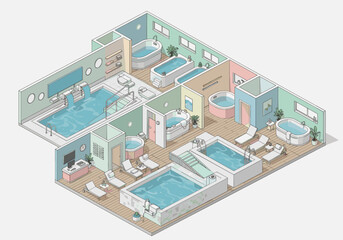 Isometric view of a modern spa and wellness center with multiple pools and relaxation areas