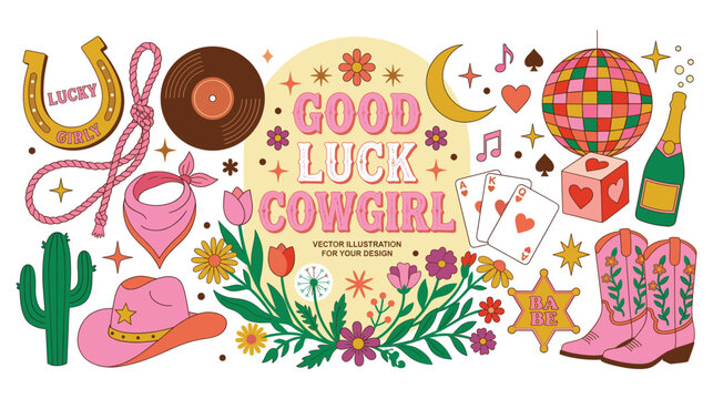 Retro western cowgirl vector set with country music and fashion icons