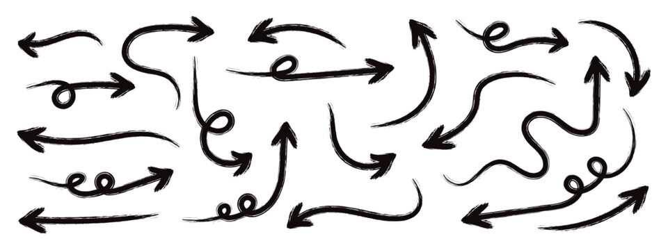 Brush, marker drawn bold arrows set. Various bold brush drawn curved arrows. Collection of hand drawn doodle thick arrows in different directions. grunge arrow brush. grunge arrow paint