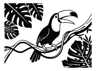 Fototapeta premium Bold silhouette illustration of toucan perched on branch depicting tropical rainforest scene for nature design