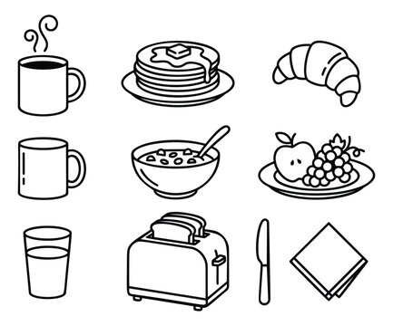Outline icon set of 9 breakfast items featuring coffee, pancakes and toast for food and dining design