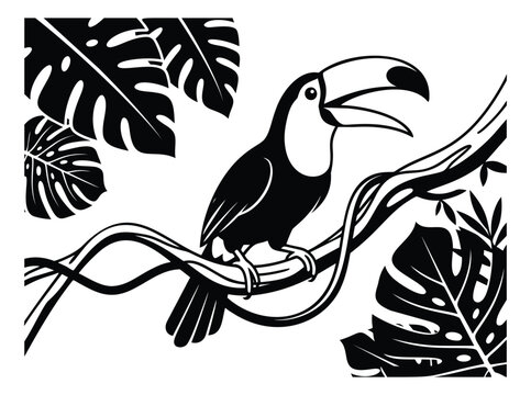 Bold silhouette illustration of toucan perched on branch depicting tropical rainforest scene for nature design