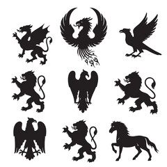 Naklejka premium Heraldic animals set featuring dragons, lions, eagles, and horses in black silhouettes.