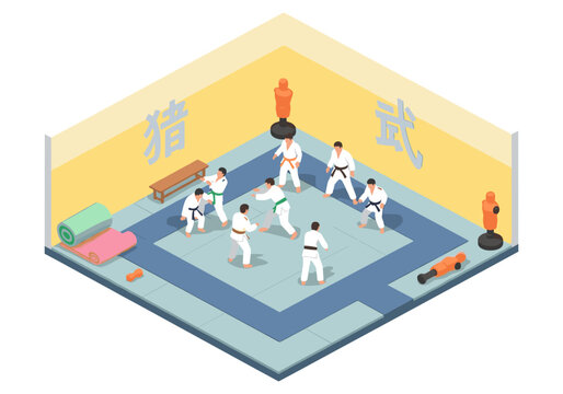 Martial arts training session with multiple practitioners in a dojo setting