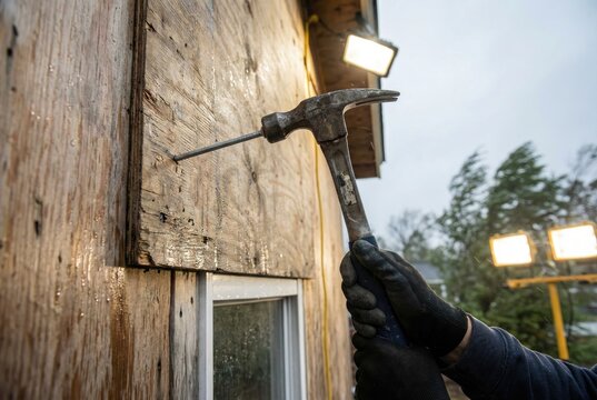 Man nailing plywood board over window of house in preparation for hurricane or storm
