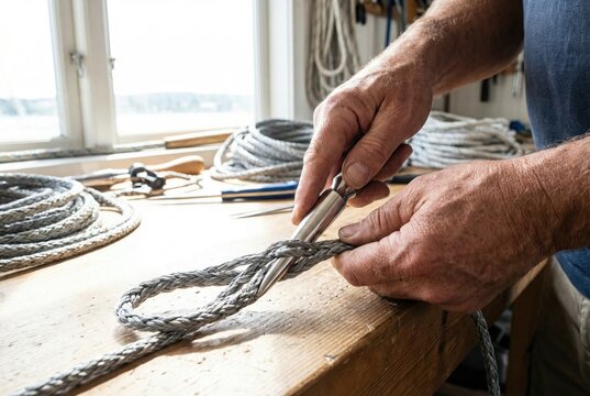 Craftsman hands using metal fid tool to splice grey synthetic rope on wooden workbench
